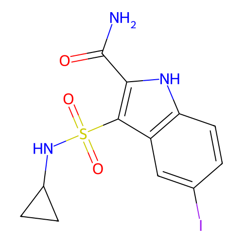 5-Iodo-3-[(cyclopropylamino)sulfonyl]-1H-indole-2-carboxamide structure