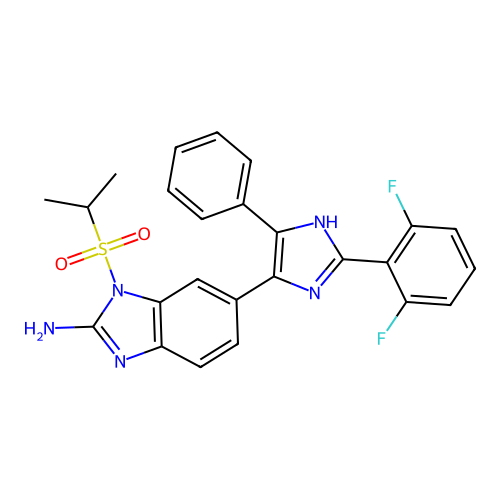 6-[2-(2,6-difluorophenyl)-5-phenyl-1H-imidazol-4-yl]-1-propan-2-ylsulfonylbenzimidazol-2-amine structure