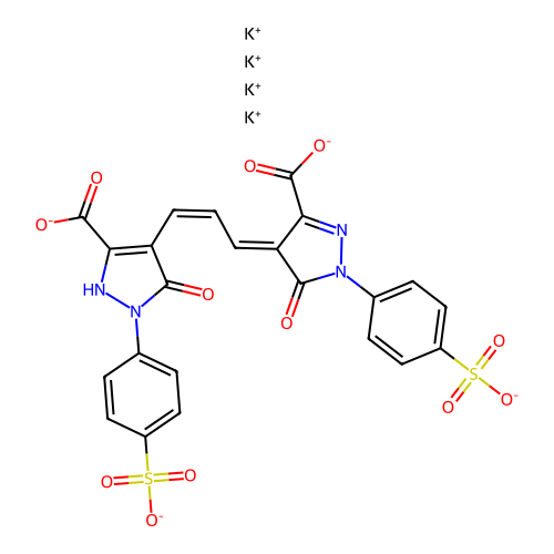 Tetrapotassium;(4E)-4-[(Z)-3-[5-carboxylato-3-oxo-2-(4-sulfonatophenyl)-1H-pyrazol-4-yl]prop-2-enylidene]-5-oxo-1-(4-sulfonatophenyl)pyrazole-3-carboxylate structure