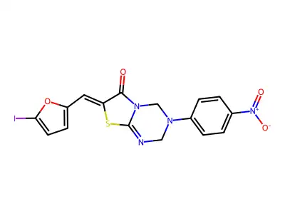 (7Z)-7-[(5-iodofuran-2-yl)methylidene]-3-(4-nitrophenyl)-3,4-dihydro-2H-[1,3]thiazolo[3,2-a][1,3,5]triazin-6(7H)-one structure