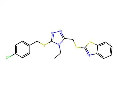 2-[[5-[(4-chlorophenyl)methylsulfanyl]-4-ethyl-1,2,4-triazol-3-yl]methylsulfanyl]-1,3-benzothiazole structure