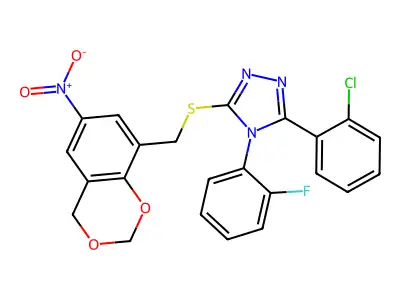 3-(2-chlorophenyl)-4-(2-fluorophenyl)-5-[(6-nitro-4H-1,3-benzodioxin-8-yl)methylsulfanyl]-1,2,4-triazole structure