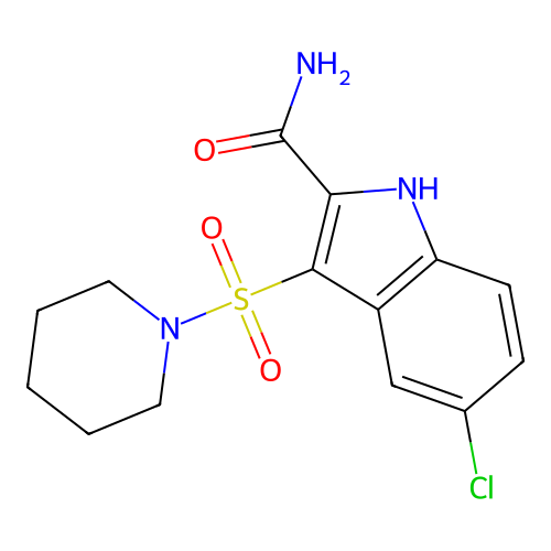 5-Chloro-3-(piperidine-1-sulfonyl)-1H-indole-2-carboxamide structure