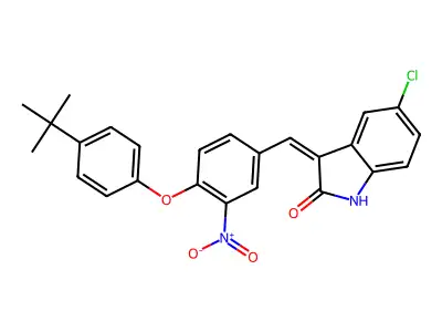 3-[[4-(4-tert-butylphenoxy)-3-nitrophenyl]methylidene]-5-chloro-1H-indol-2-one structure