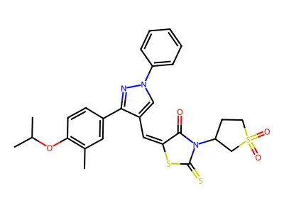3-{5-[(3-{3-Methyl-4-[(propan-2-yl)oxy]phenyl}-1-phenyl-1H-pyrazol-4-yl)methylidene]-4-oxo-2-sulfanylidene-1,3-thiazolidin-3-yl}-1lambda~6~-thiolane-1,1-dione structure