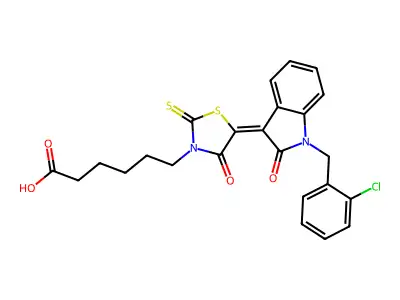 6-(5-{1-[(2-Chlorophenyl)methyl]-2-oxo-1,2-dihydro-3H-indol-3-ylidene}-4-oxo-2-sulfanylidene-1,3-thiazolidin-3-yl)hexanoic acid structure