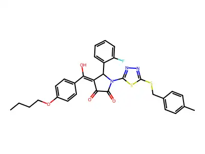 4-[(4-butoxyphenyl)-hydroxymethylidene]-5-(2-fluorophenyl)-1-[5-[(4-methylphenyl)methylsulfanyl]-1,3,4-thiadiazol-2-yl]pyrrolidine-2,3-dione structure