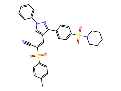 2-(4-methylphenyl)sulfonyl-3-[1-phenyl-3-(4-piperidin-1-ylsulfonylphenyl)pyrazol-4-yl]prop-2-enenitrile structure