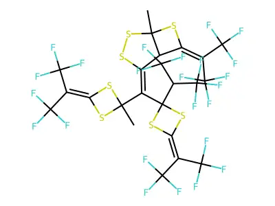 (4E)-4-[[2-(1,1,1,3,3,3-hexafluoropropan-2-yl)-4-(1,1,1,3,3,3-hexafluoropropan-2-ylidene)-1,3-dithietan-2-yl]-[4-(1,1,1,3,3,3-hexafluoropropan-2-ylidene)-2-methyl-1,3-dithietan-2-yl]methylidene]-6-(1,1,1,3,3,3-hexafluoropropan-2-ylidene)-1-methyl-2,3,7-trithiabicyclo[3.2.0]heptane structure