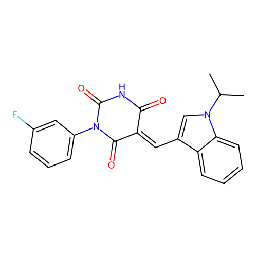 (5E)-1-(3-fluorophenyl)-5-{[1-(propan-2-yl)-1H-indol-3-yl]methylidene}pyrimidine-2,4,6(1H,3H,5H)-trione structure