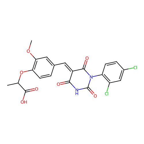 2-(4-{(E)-[1-(2,4-dichlorophenyl)-2,4,6-trioxotetrahydropyrimidin-5(2H)-ylidene]methyl}-2-methoxyphenoxy)propanoic acid structure