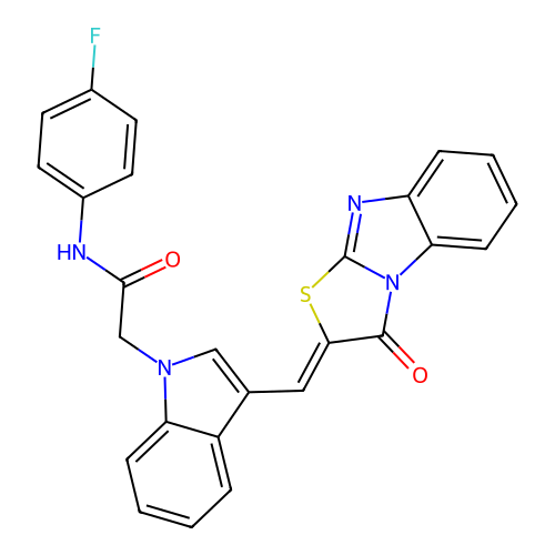 N-(4-fluorophenyl)-2-{3-[(Z)-(3-oxo[1,3]thiazolo[3,2-a]benzimidazol-2(3H)-ylidene)methyl]-1H-indol-1-yl}acetamide structure