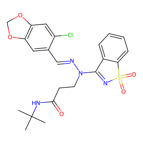 (E)-N-(tert-butyl)-3-(2-((6-chlorobenzo[d][1,3]dioxol-5-yl)methylene)-1-(1,1-dioxidobenzo[d]isothiazol-3-yl)hydrazinyl)propanamide structure