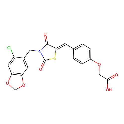 (Z)-2-(4-((3-((6-chlorobenzo[d][1,3]dioxol-5-yl)methyl)-2,4-dioxothiazolidin-5-ylidene)methyl)phenoxy)acetic acid structure