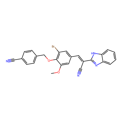 4-({4-[(E)-2-(1H-benzimidazol-2-yl)-2-cyanoethenyl]-2-bromo-6-methoxyphenoxy}methyl)benzonitrile structure