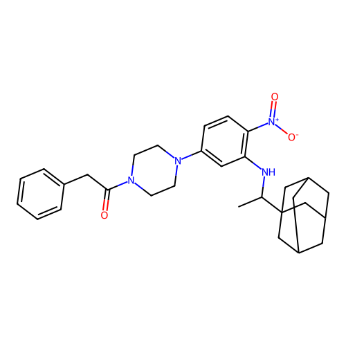 1-[4-(4-nitro-3-{[1-(tricyclo[3.3.1.1~3,7~]dec-1-yl)ethyl]amino}phenyl)piperazin-1-yl]-2-phenylethanone structure