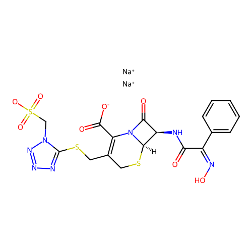 5-Thia-1-azabicyclo[4.2.0]oct-2-ene-2-carboxylic acid, 7-[[(hydroxyimino)phenylacetyl]amino]-8-oxo-3-[[[1-(sulfomethyl)-1H-tetrazol-5-yl]thio]methyl]-, disodium salt, [6R-[6I+/-,7I(2)(Z)]]- structure