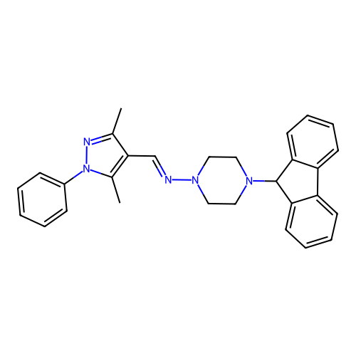 1-(3,5-dimethyl-1-phenyl-pyrazol-4-yl)-N-[4-(9H-fluoren-9-yl)piperazin-1-yl]methanimine structure