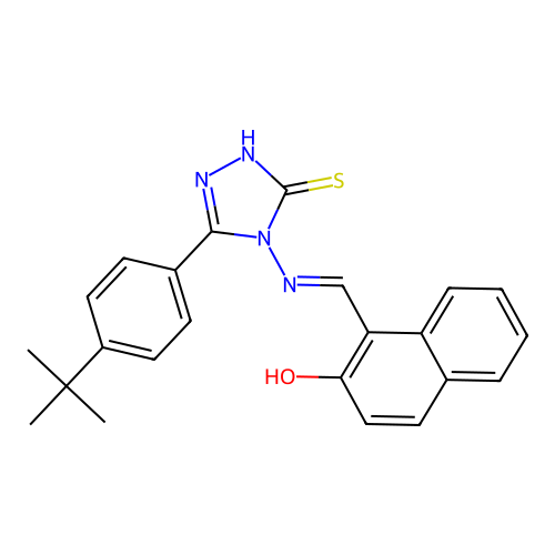 1-((1E)-2-{5-[4-(tert-butyl)phenyl]-3-sulfanyl(1,2,4-triazol-4-yl)}-2-azavinyl )naphthalen-2-ol structure