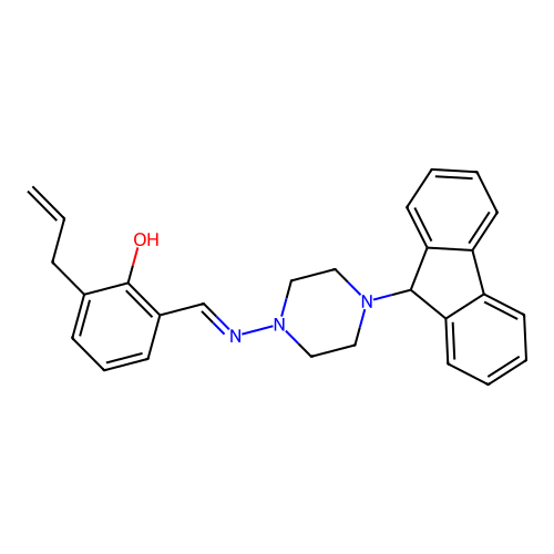 2-({[4-(9H-fluoren-9-yl)piperazin-1-yl]imino}methyl)-6-(prop-2-en-1-yl)phenol structure