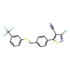 3-chloro-5-[4-({[3-(trifluoromethyl)phenyl]thio}methyl)phenyl]isothiazole-4-carbonitrile structure