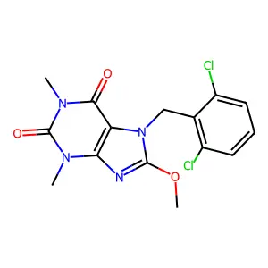 7-(2,6-dichlorobenzyl)-8-methoxy-1,3-dimethyl-3,7-dihydro-1H-purine-2,6-dione structure