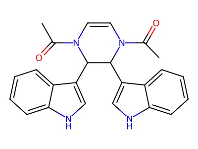 1-[4-acetyl-2,3-bis(1H-indol-3-yl)-2,3-dihydropyrazin-1-yl]ethanone structure