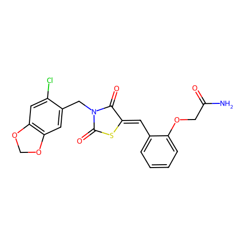 (Z)-2-(2-((3-((6-chlorobenzo[d][1,3]dioxol-5-yl)methyl)-2,4-dioxothiazolidin-5-ylidene)methyl)phenoxy)acetamide structure