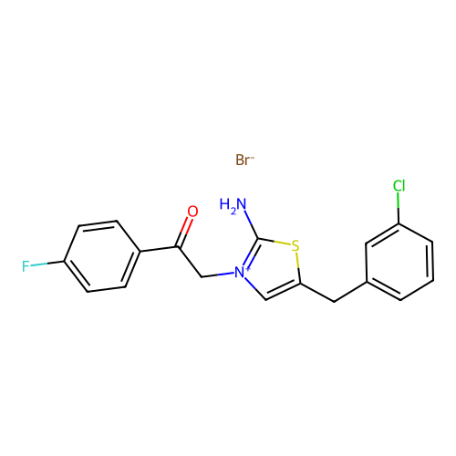 2-amino-5-(3-chlorobenzyl)-3-[2-(4-fluorophenyl)-2-oxoethyl]-1,3-thiazol-3-ium bromide structure