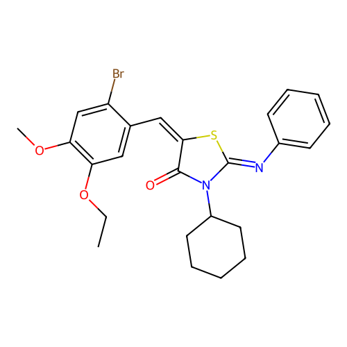 (2E,5E)-5-(2-bromo-5-ethoxy-4-methoxybenzylidene)-3-cyclohexyl-2-(phenylimino)thiazolidin-4-one structure