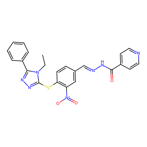(E)-N'-(4-((4-ethyl-5-phenyl-4H-1,2,4-triazol-3-yl)thio)-3-nitrobenzylidene)isonicotinohydrazide structure