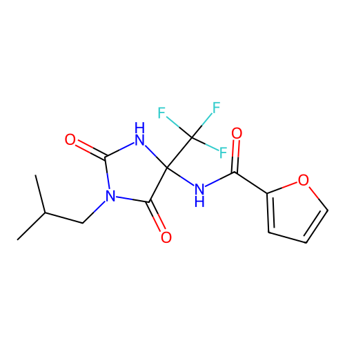 N-[1-(2-methylpropyl)-2,5-dioxo-4-(trifluoromethyl)imidazolidin-4-yl]furan-2-carboxamide structure