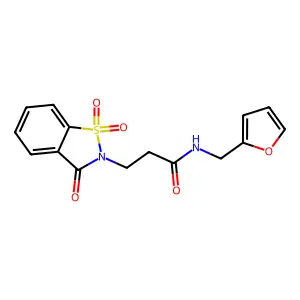 N-(furan-2-ylmethyl)-3-(1,1,3-trioxo-1,2-benzothiazol-2-yl)propanamide structure