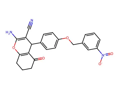 2-amino-4-[4-[(3-nitrophenyl)methoxy]phenyl]-5-oxo-4,6,7,8-tetrahydrochromene-3-carbonitrile structure