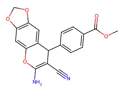methyl 4-(6-amino-7-cyano-8H-[1,3]dioxolo[4,5-g]chromen-8-yl)benzoate structure