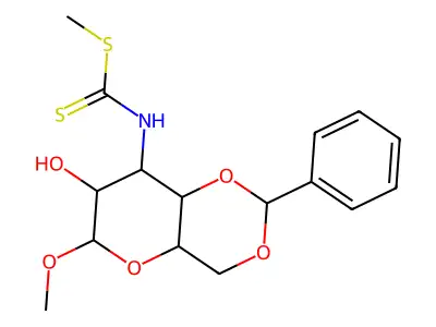 methyl N-(7-hydroxy-6-methoxy-2-phenyl-4,4a,6,7,8,8a-hexahydropyrano[3,2-d][1,3]dioxin-8-yl)carbamodithioate structure