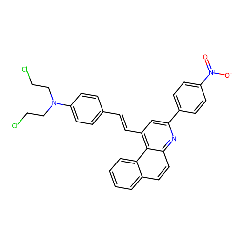 1-(2-{4-[bis(2-chloroethyl)amino]phenyl}vinyl)-3-{4-nitrophenyl}benzo[f]quinoline structure