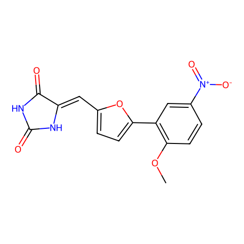 (5Z)-5-{[5-(2-methoxy-5-nitrophenyl)furan-2-yl]methylidene}imidazolidine-2,4-dione structure