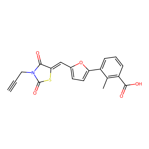 (Z)-3-(5-((2,4-dioxo-3-(prop-2-yn-1-yl)thiazolidin-5-ylidene)methyl)furan-2-yl)-2-methylbenzoic acid structure
