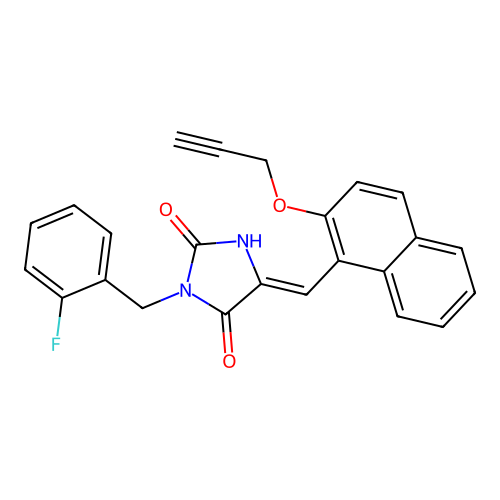 (Z)-3-(2-fluorobenzyl)-5-((2-(prop-2-yn-1-yloxy)naphthalen-1-yl)methylene)imidazolidine-2,4-dione structure