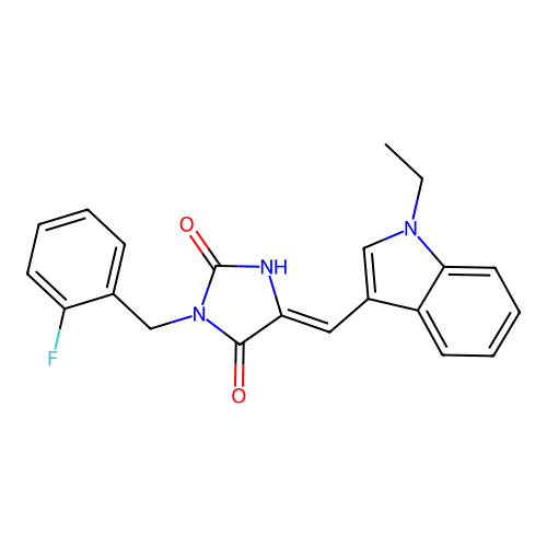 (Z)-5-((1-ethyl-1H-indol-3-yl)methylene)-3-(2-fluorobenzyl)imidazolidine-2,4-dione structure