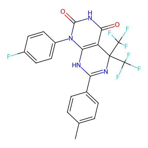 1-(4-fluorophenyl)-7-(4-methylphenyl)-5,5-bis(trifluoromethyl)-8H-pyrimido[4,5-d]pyrimidine-2,4-dione structure