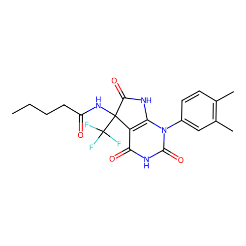N-(1-(3,4-dimethylphenyl)-2,4,6-trioxo-5-(trifluoromethyl)-2,3,4,5,6,7-hexahydro-1H-pyrrolo[2,3-d]pyrimidin-5-yl)pentanamide structure