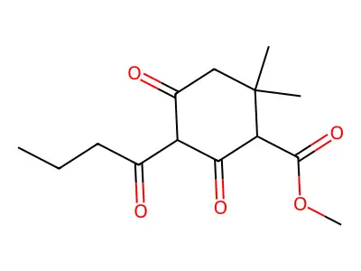 Methyl 5-butanoyl-2,2-dimethyl-4,6-dioxocyclohexane-1-carboxylate structure