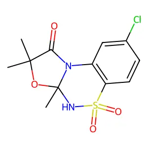 8-chloro-2,2,3a-trimethyl-5,5-dioxo-4H-[1,3]oxazolo[2,3-c][1,2,4]benzothiadiazin-1-one structure