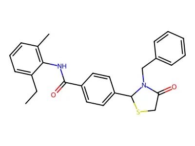 4-(3-benzyl-4-oxo-1,3-thiazolidin-2-yl)-N-(2-ethyl-6-methylphenyl)benzamide structure