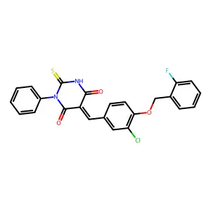 (5E)-5-[[3-chloro-4-[(2-fluorophenyl)methoxy]phenyl]methylidene]-1-phenyl-2-sulfanylidene-1,3-diazinane-4,6-dione structure