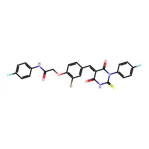 2-(2-Bromo-4-((1-(4-fluorophenyl)-4,6-dioxo-2-thioxotetrahydropyrimidin-5(2H)-ylidene)methyl)phenoxy)-N-(4-fluorophenyl)acetamide structure