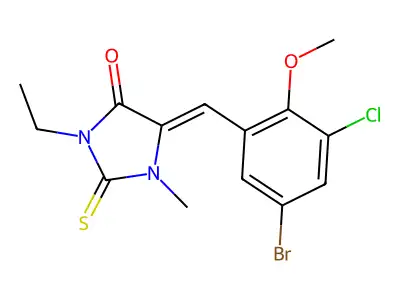 5-(5-bromo-3-chloro-2-methoxybenzylidene)-3-ethyl-1-methyl-2-thioxoimidazolidin-4-one structure