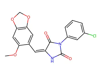 (5E)-3-(3-chlorophenyl)-5-[(6-methoxy-1,3-benzodioxol-5-yl)methylidene]imidazolidine-2,4-dione structure